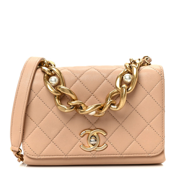 Chanel Calfskin Quilted Pearl Jewel Chain Flap Beige 1864621