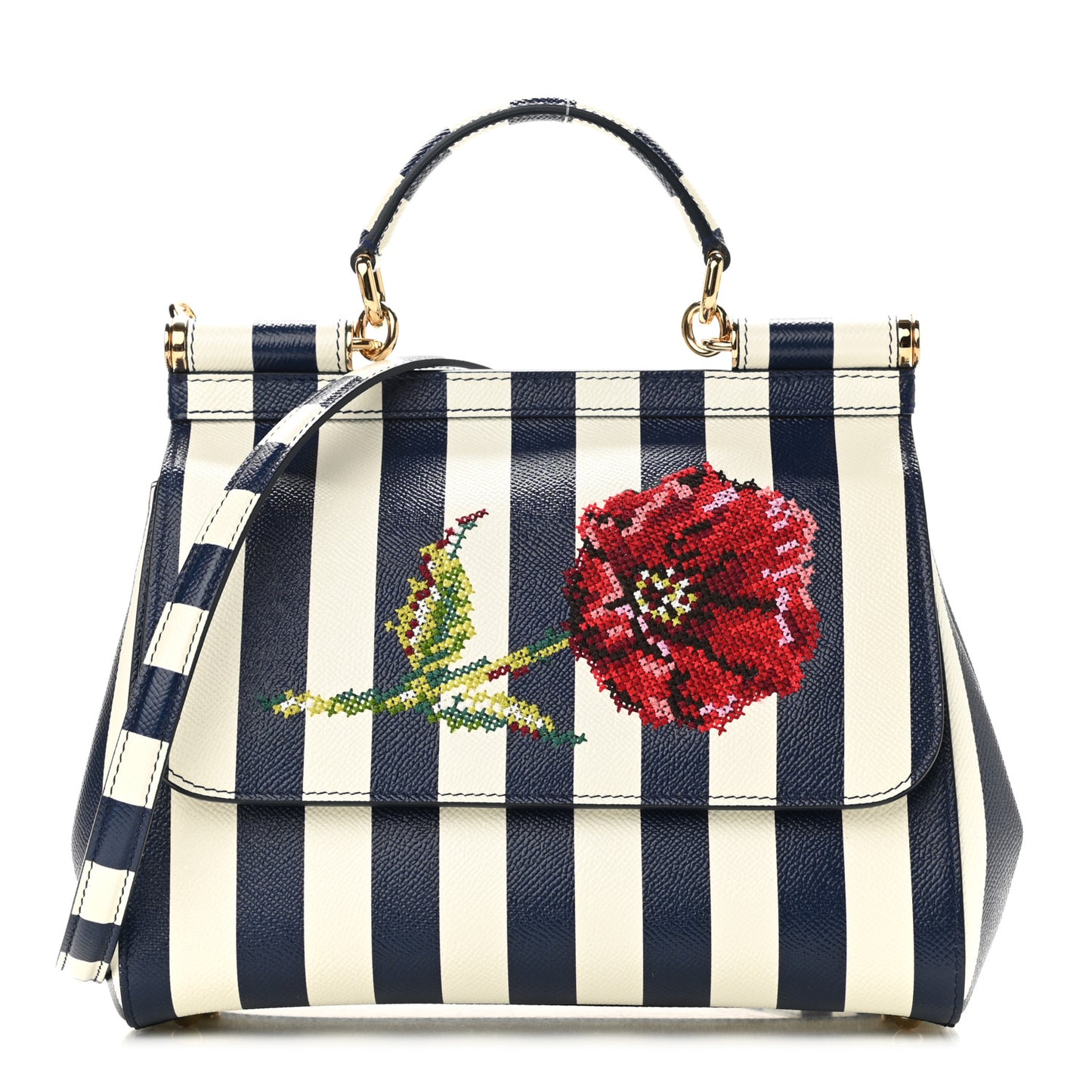 Dauphine Embroidered Striped Print Medium Miss Sicily Satchel White