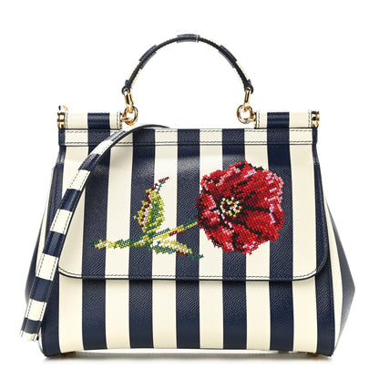 Dolce & Gabbana Dauphine Embroidered Striped Print Medium Miss Sicily Satchel White 1 of 9