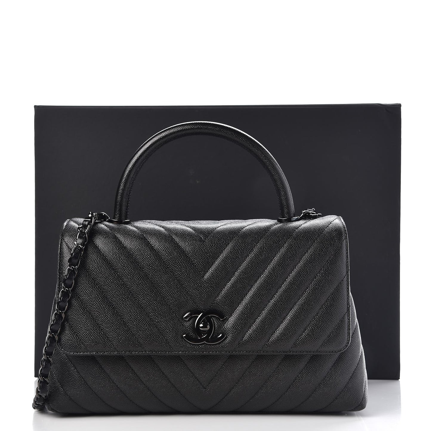 Caviar Chevron Quilted Small Coco Handle Flap So Black