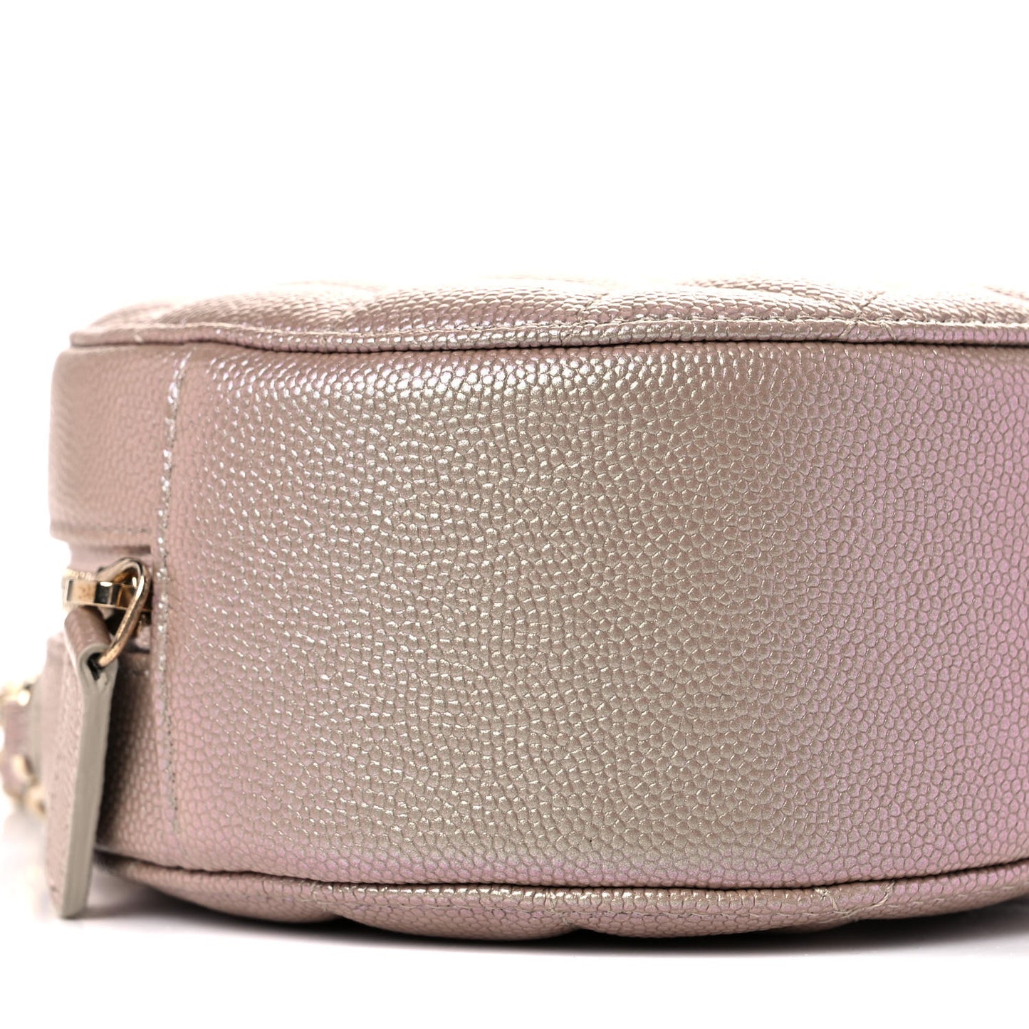 Iridescent Caviar Quilted Round Clutch With Chain Beige