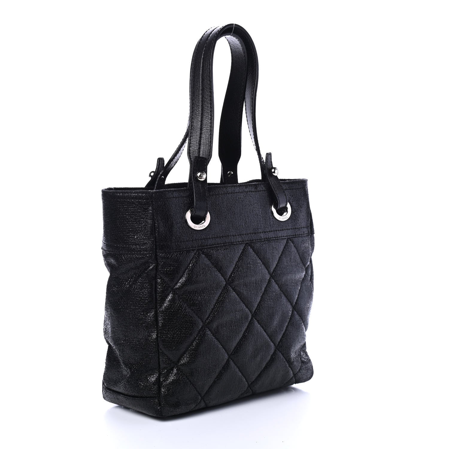 Chanel Metallic Coated Canvas Quilted Small Paris Biarritz Tote Black 2 of 4