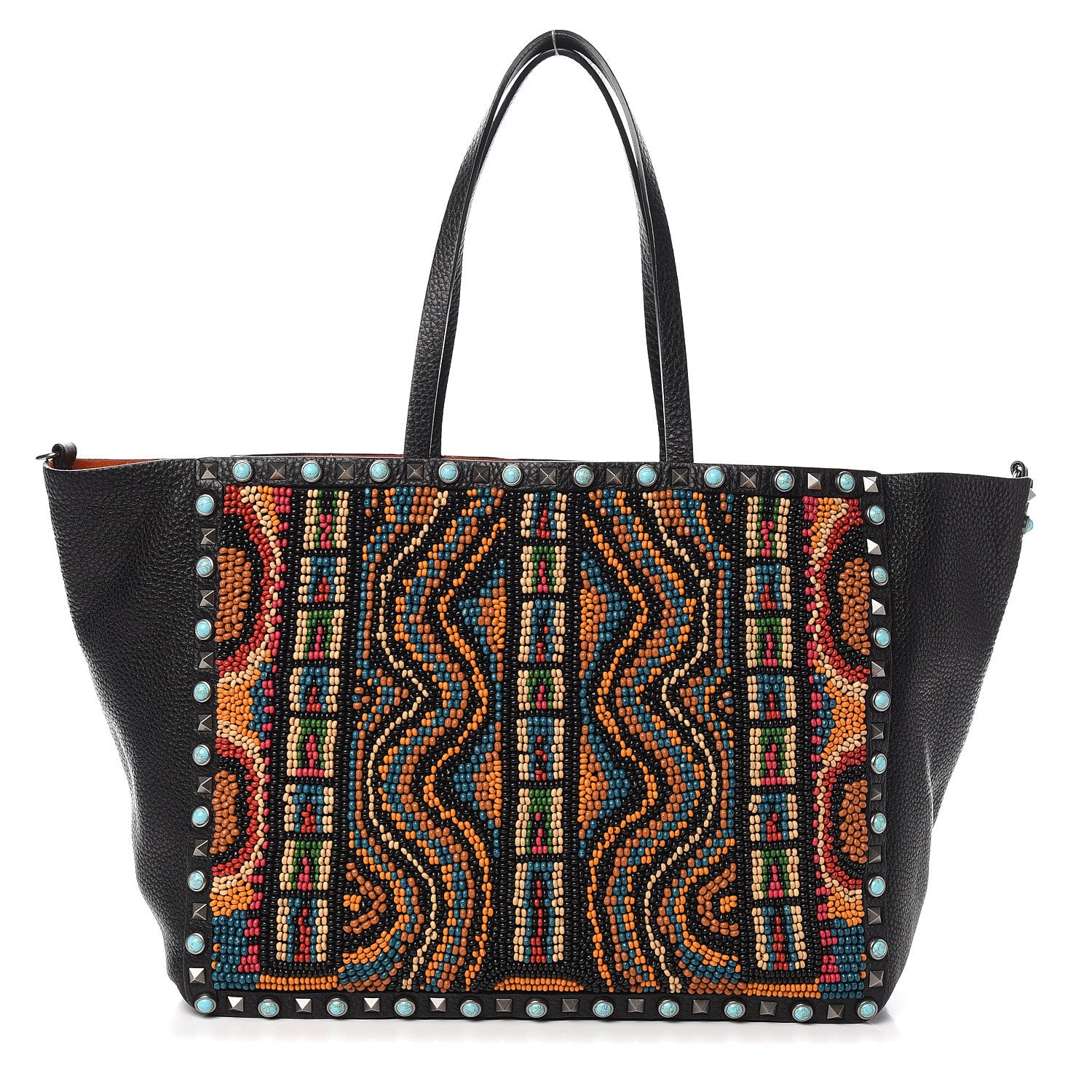 Valentino Garavani Grained Calfskin Beaded Medium Rockstud Rolling Crossbody Tote Black Multicolor 1 of 9
