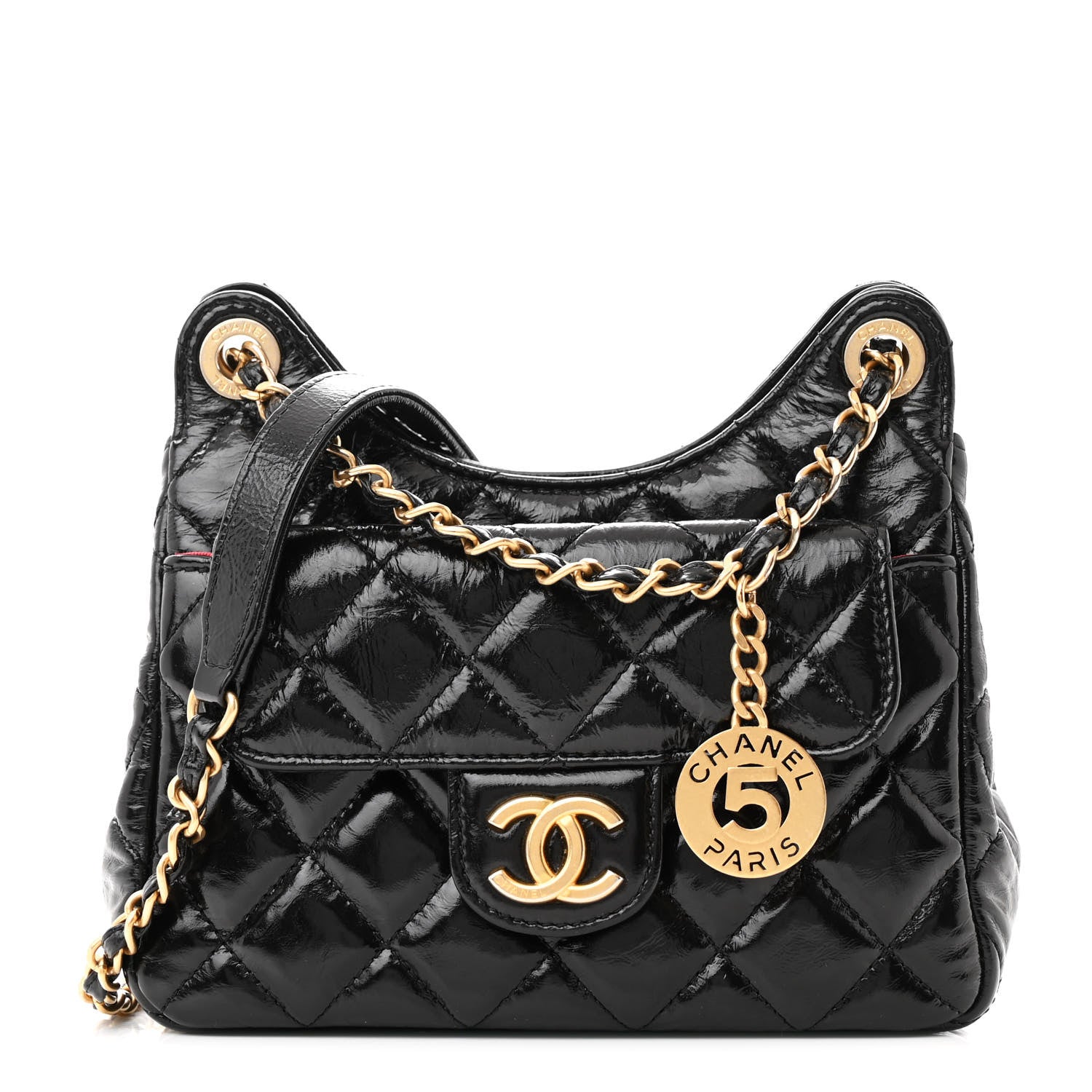 Chanel Shiny Crumpled Calfskin Quilted Small Wavy CC Hobo Black 1 of 14