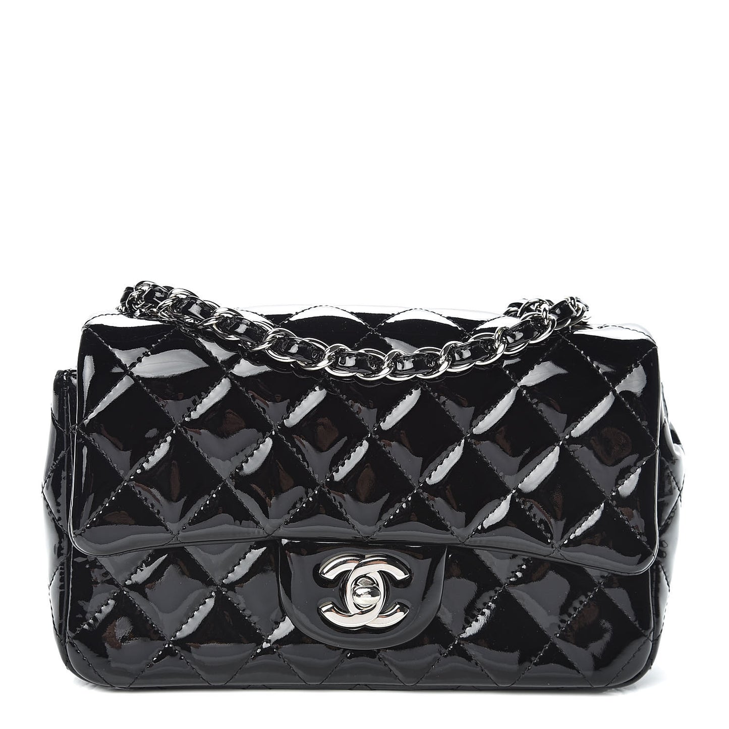 Patent Calfskin Quilted Mini Rectangular Flap Black
