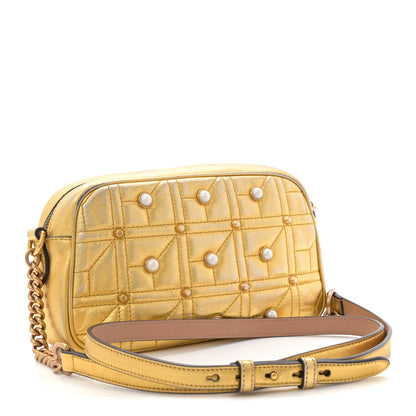 Gucci Metallic Calfskin Matelasse Studded Small Pearly GG Marmont Chain Shoulder Bag Gold 3 of 13