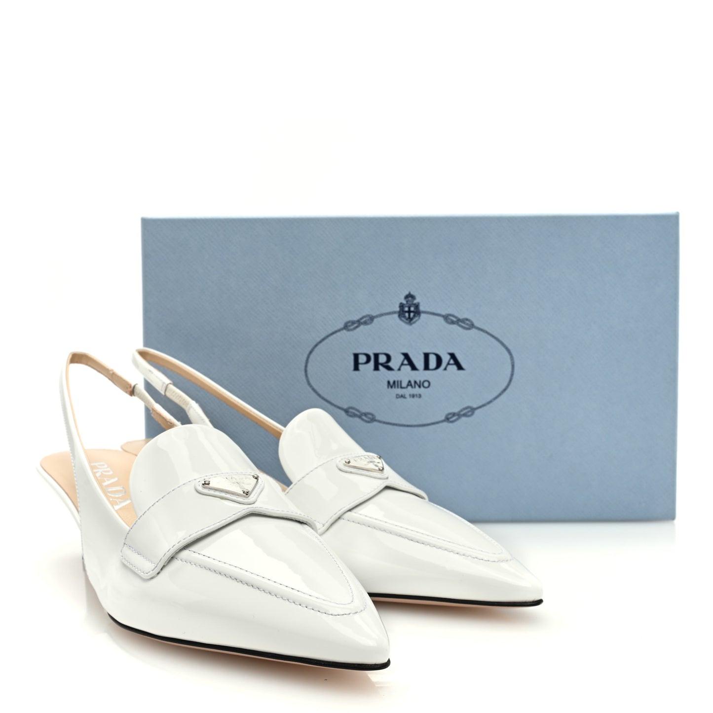 Patent Triangle Logo Pointed Toe 45mm Slingback Pumps 37.5 White