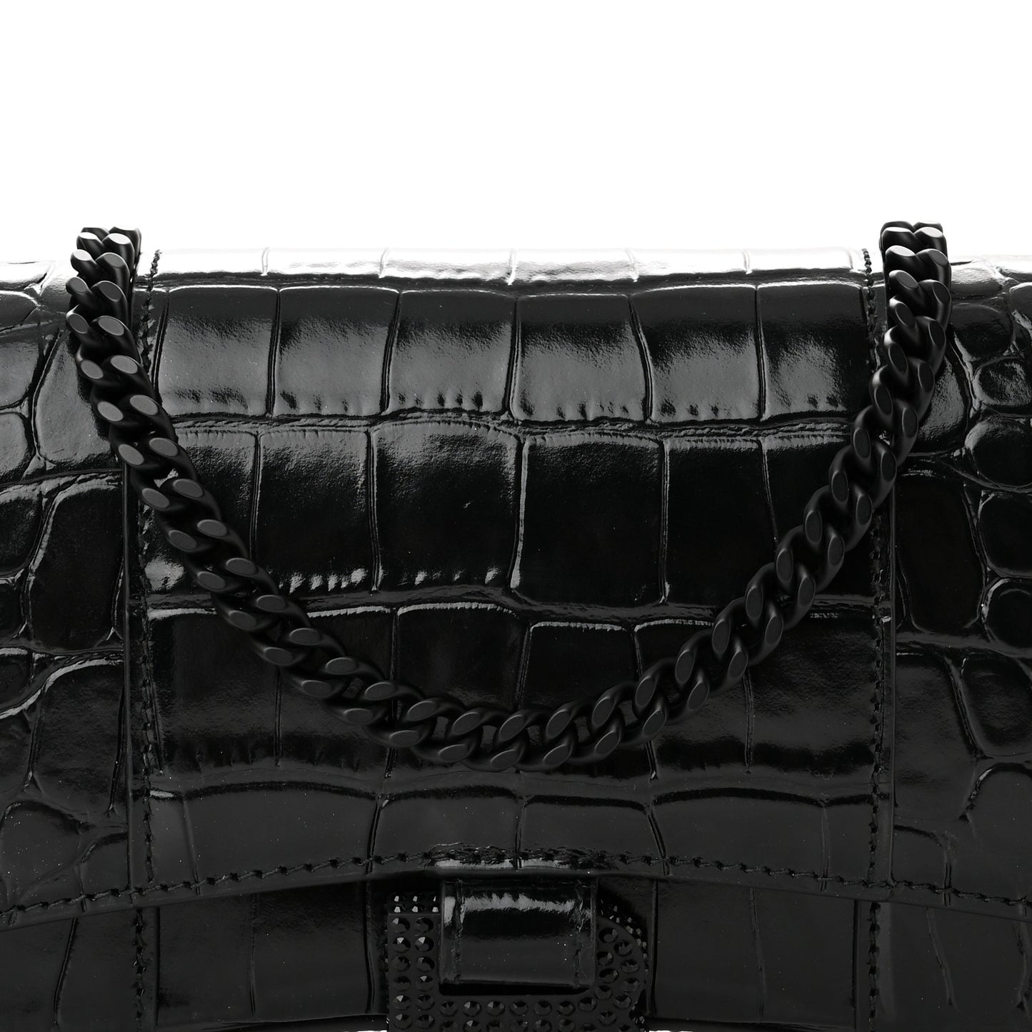 Shiny Calfskin Monochrome Crocodile Embossed Hourglass Chain Bag Black