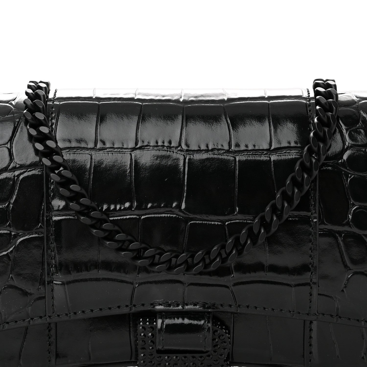 Balenciaga Shiny Calfskin Monochrome Crocodile Embossed Hourglass Chain Bag Black 7 of 9