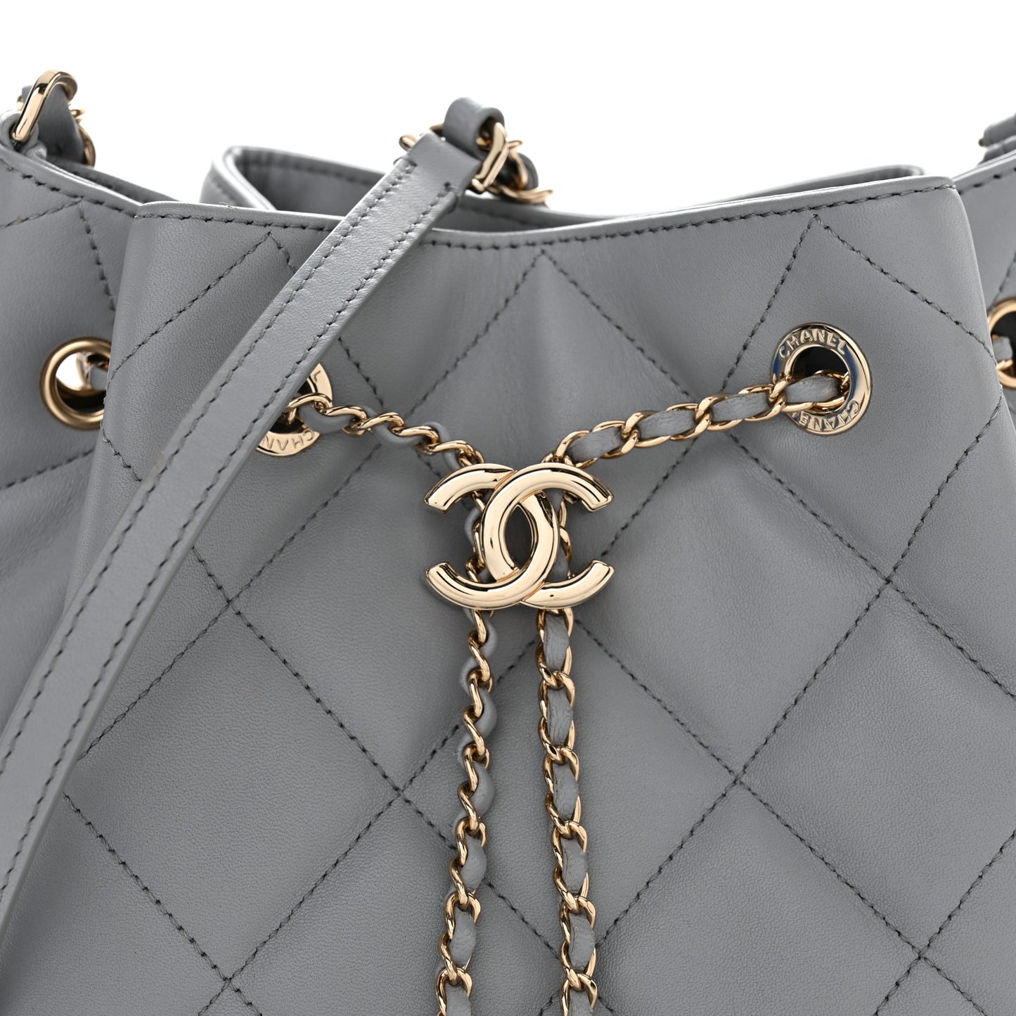 Lambskin Quilted CC Dweller Drawstring Bucket Bag Light Grey