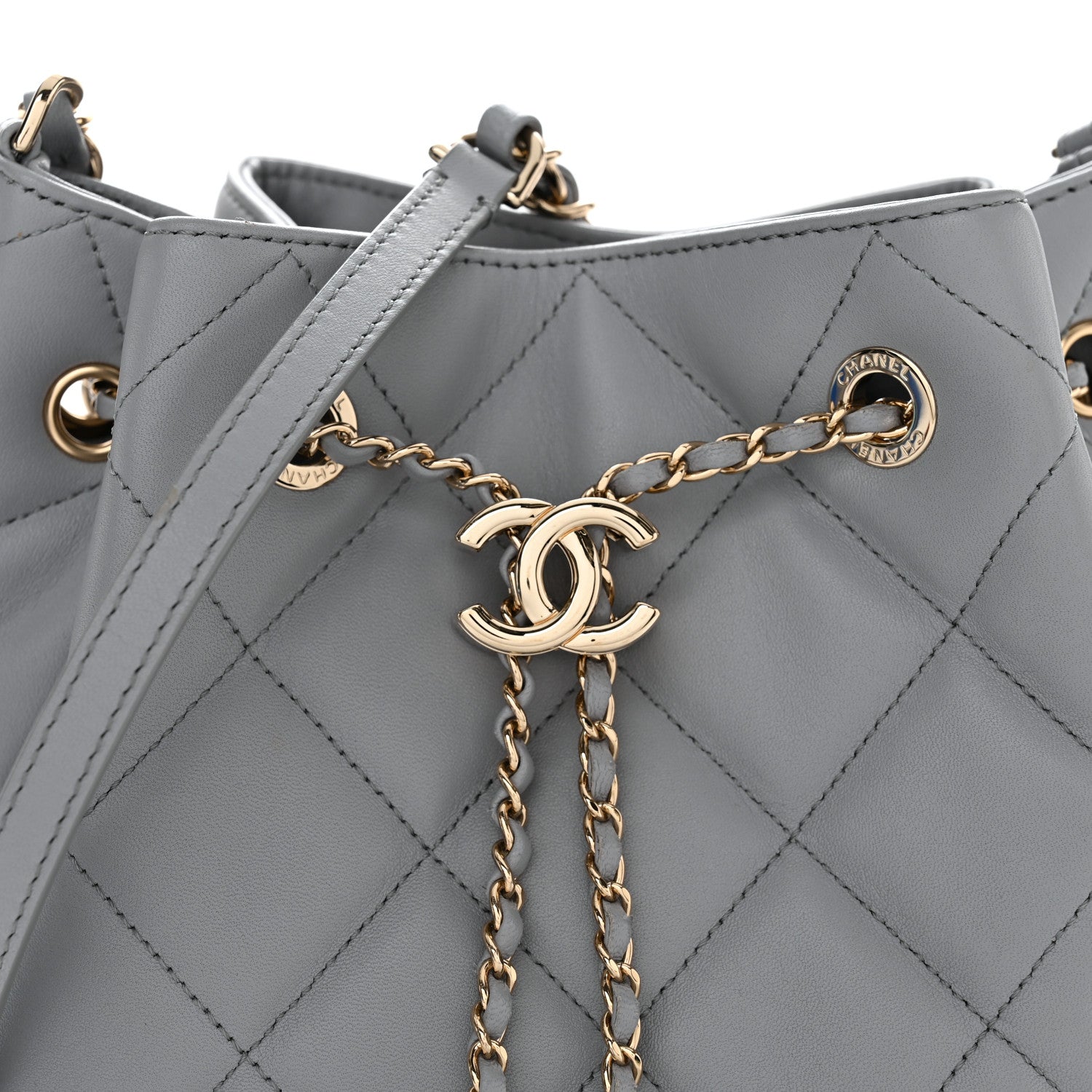 Chanel Lambskin Quilted CC Dweller Drawstring Bucket Bag Light Grey 8 of 10