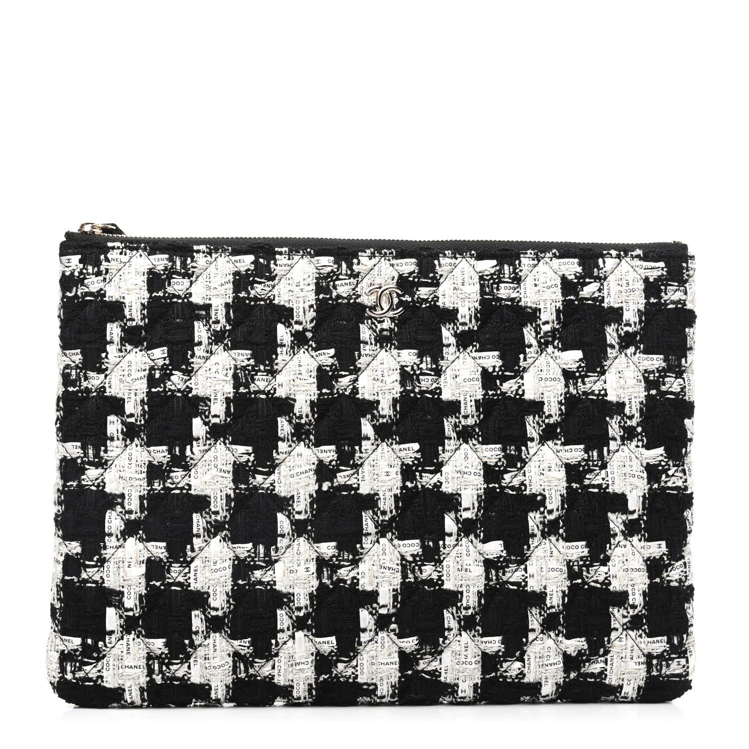 Chanel Tweed Quilted Medium Cosmetic Pouch Black Ecru White 1 of 8
