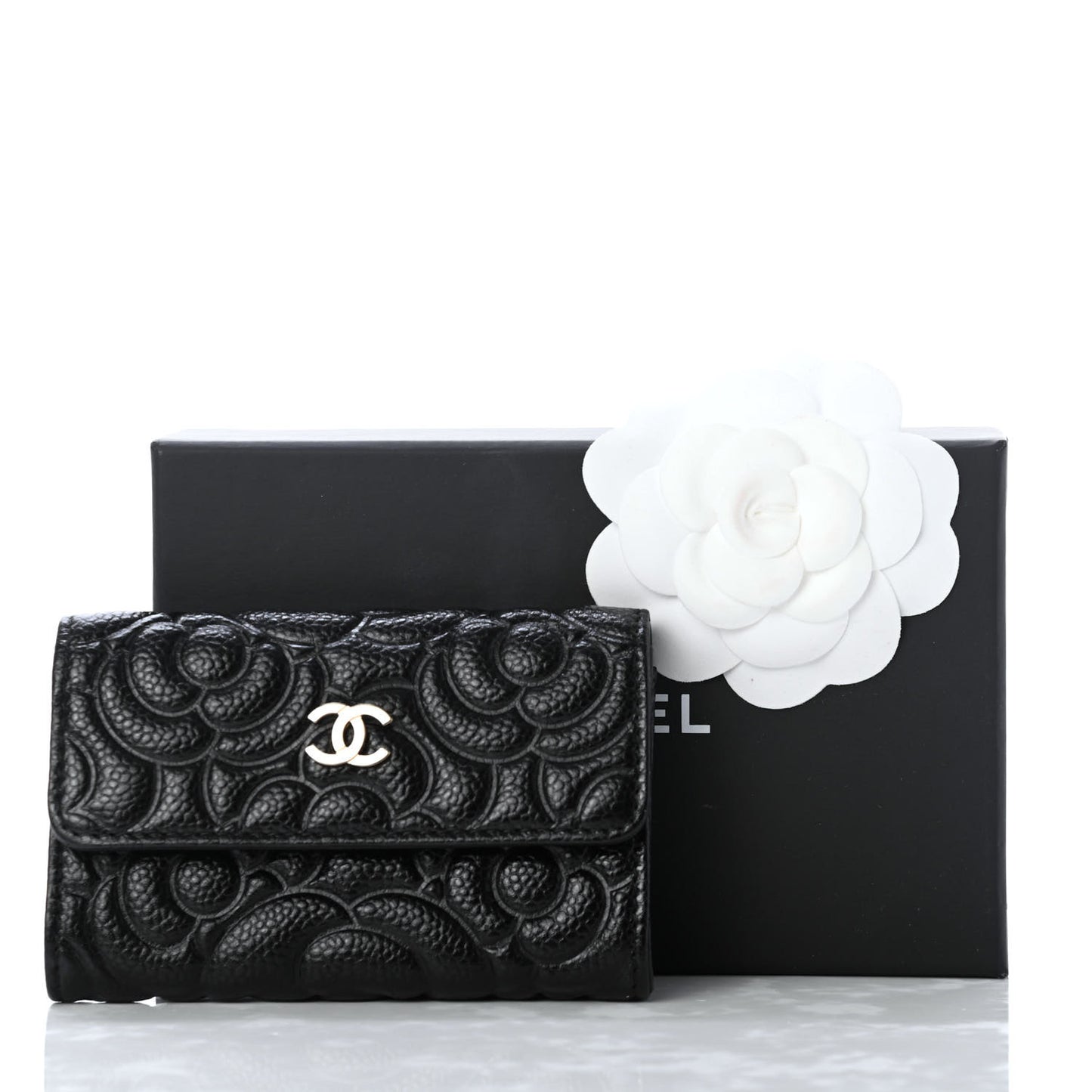 Caviar Camellia Embossed Card Holder Wallet Black