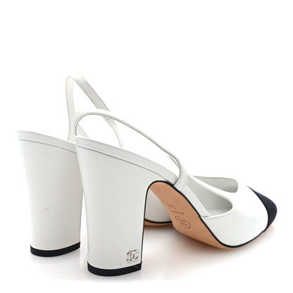 Chanel Goatskin Grosgrain Cap Toe CC Slingback Pumps 39 White Black 4 of 9