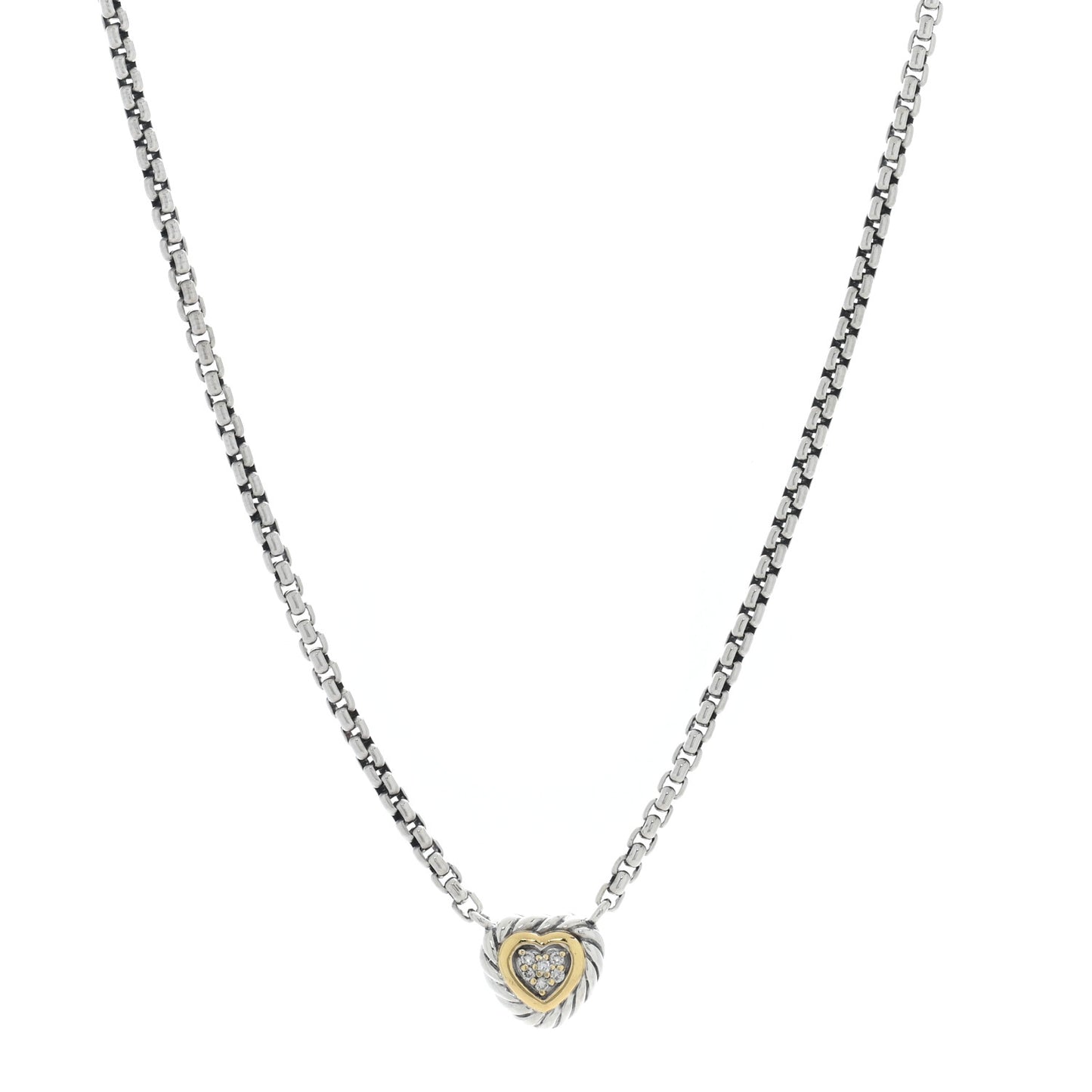 Sterling Silver 18K Yellow Gold Diamond Pave Cable Heart Pendant Necklace