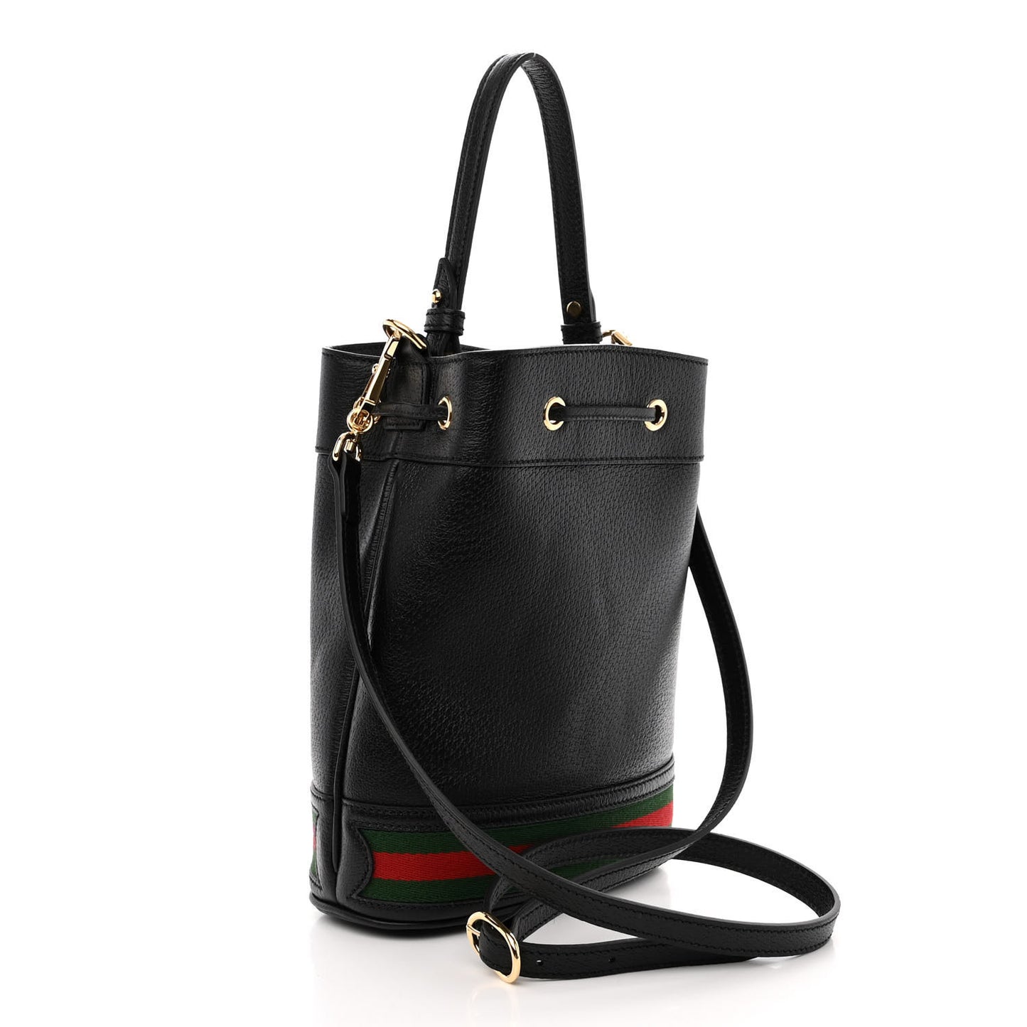 Glazed Textured Calfskin Web Small Ophidia Bucket Bag Black