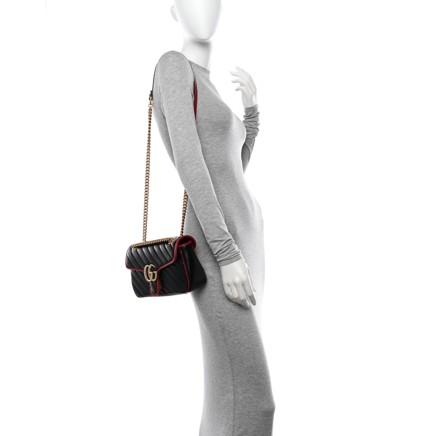 Gucci Vintage Effect Calfskin Matelasse Diagonal Small Torchon GG Marmont Shoulder Bag Black Romantic Cherry 2 of 10