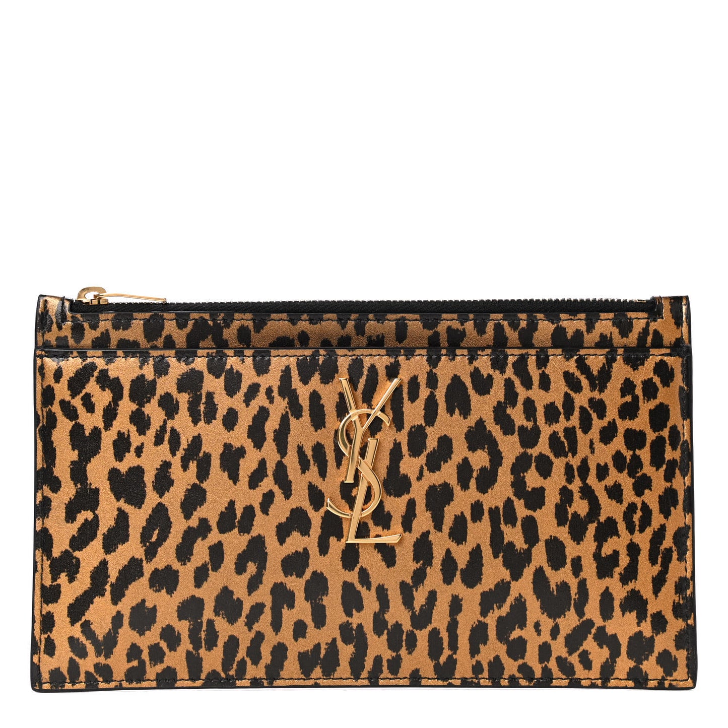 Calfskin Monogram Printed Leopard Zip Bill Pouch Dark Gold Black