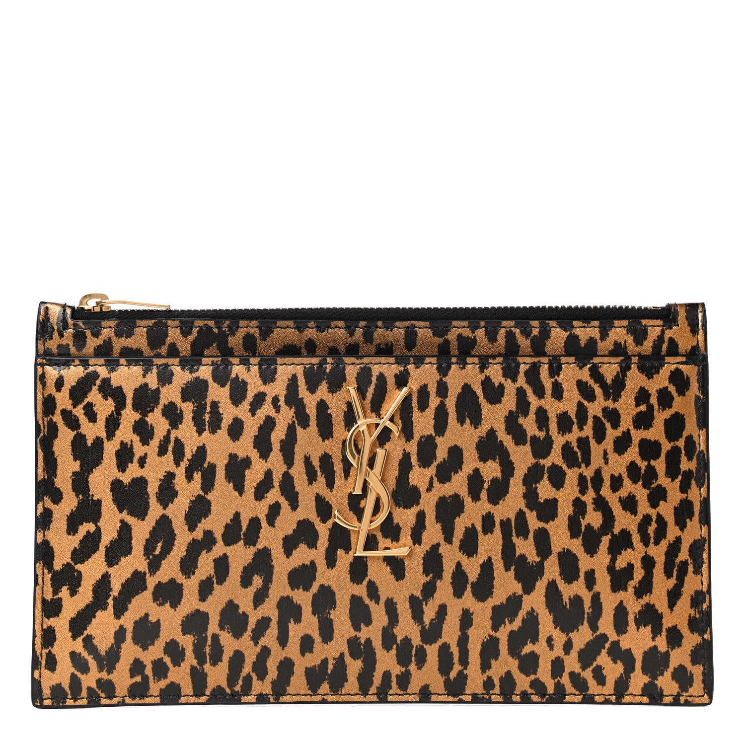 Saint Laurent Calfskin Monogram Printed Leopard Zip Bill Pouch Dark Gold Black 1 of 4