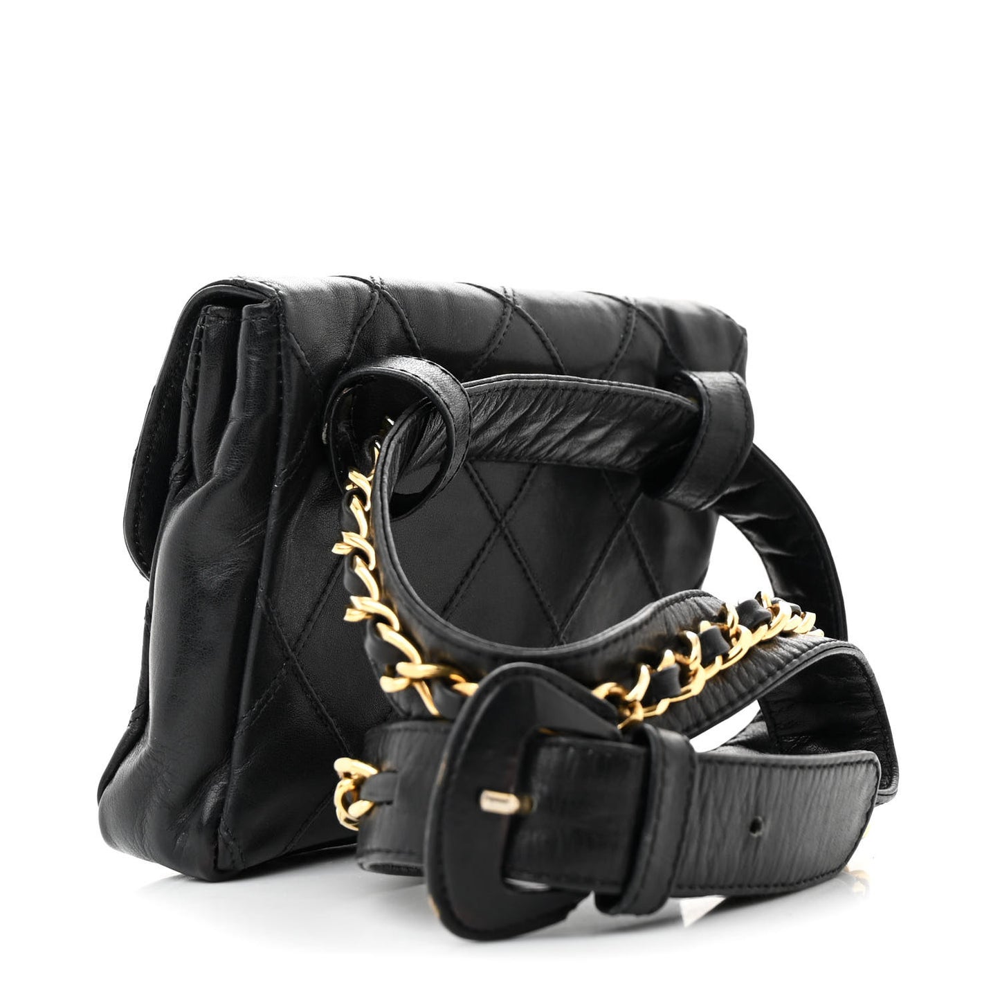 Calfskin Quilted Flap Waist Belt Bag Black