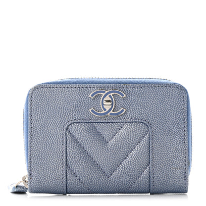 Chanel Metallic Caviar Chevron Quilted Vintage Mademoiselle Zip Coin Purse Blue 1 of 9