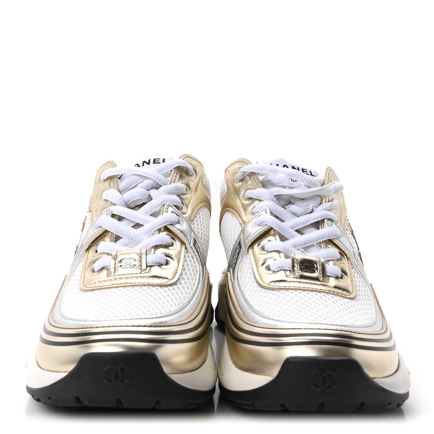 Chanel Fabric Laminated Calfskin Stretch CC Sneakers 36.5 White