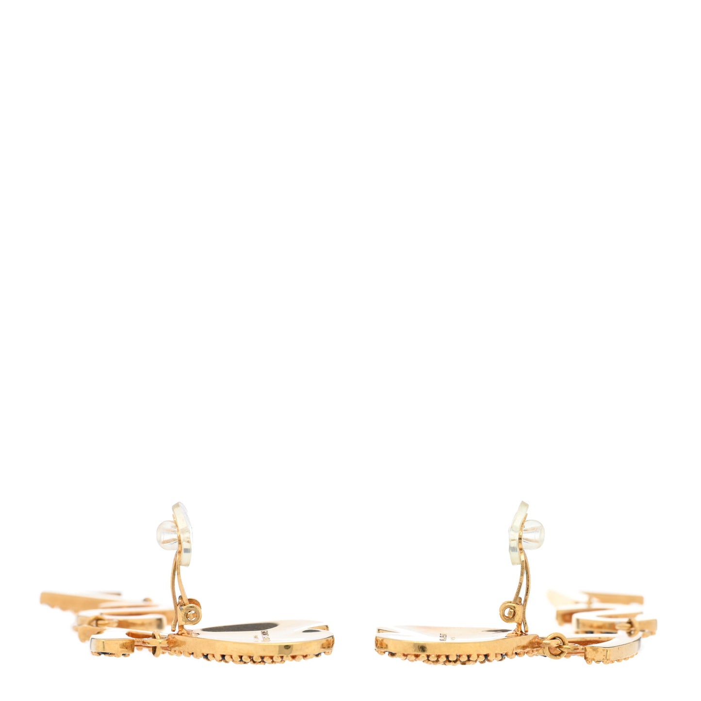 Brass Crystal Monogram Heart Drop Clip Earrings Gold Black