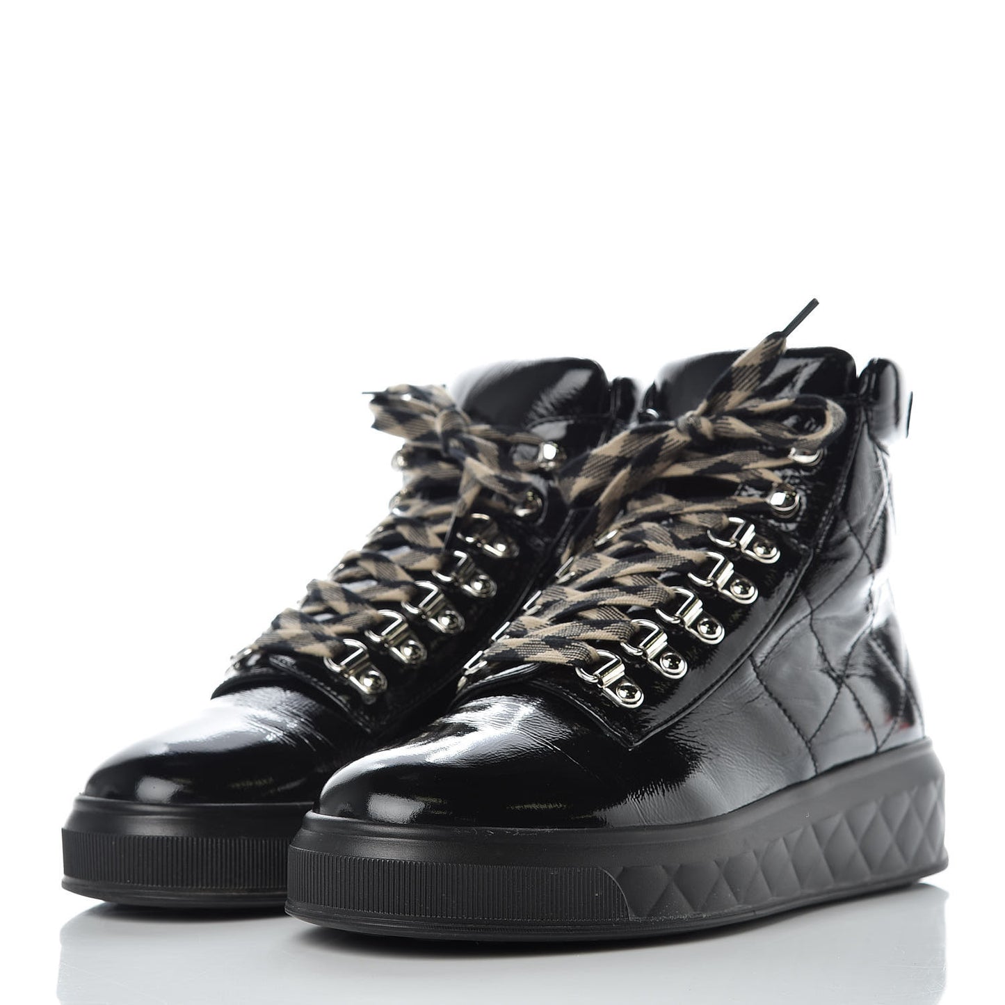 Patent Calfskin Quilted Womens High Top Sneakers 37.5 Black