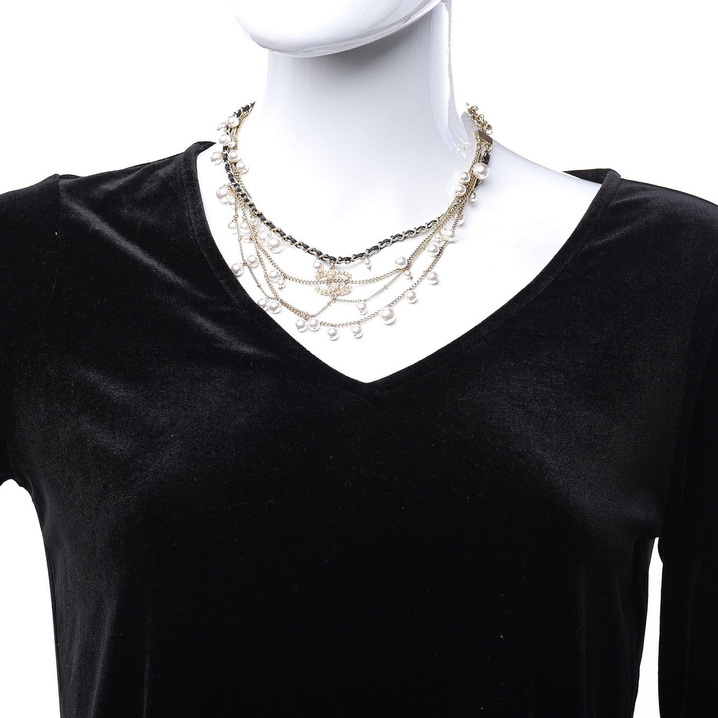 Pearl Crystal Lambskin CC Short Multi Strand Necklace Light Gold Black