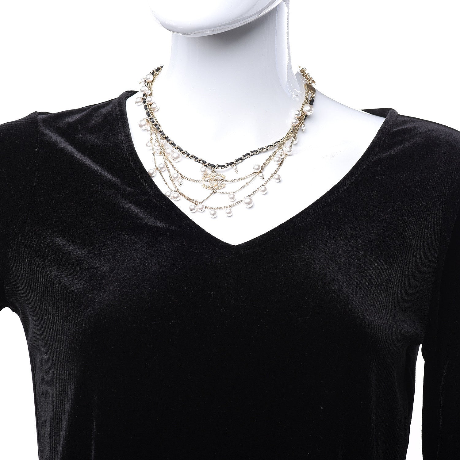 Chanel Pearl Crystal Lambskin CC Short Multi Strand Necklace Light Gold Black 2 of 5