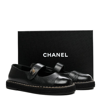 Chanel Crumpled Lambskin Cap Toe Chain CC Turnlock Mary Jane Flats 35 Black 8 of 8