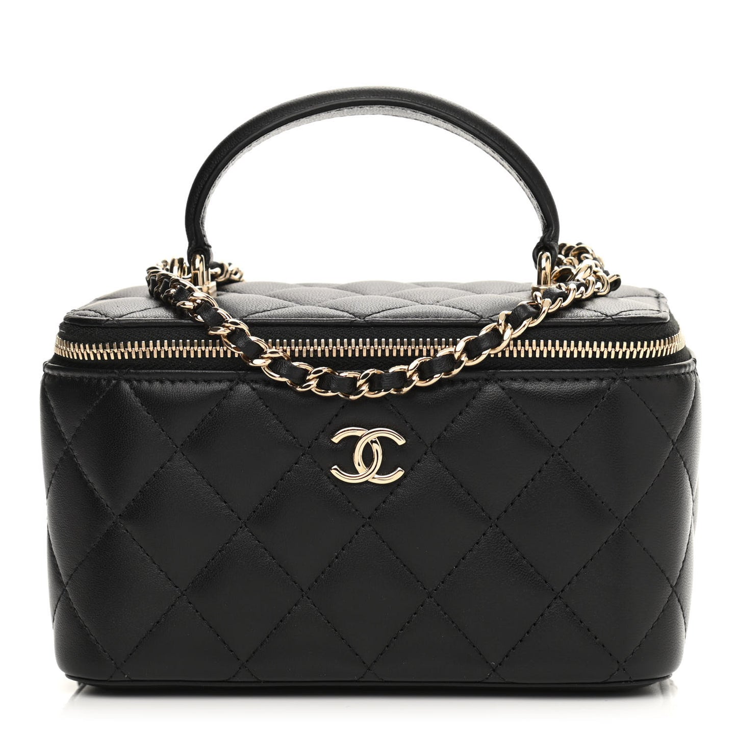 Lambskin Quilted Small Top Handle Vanity Case With Chain Black