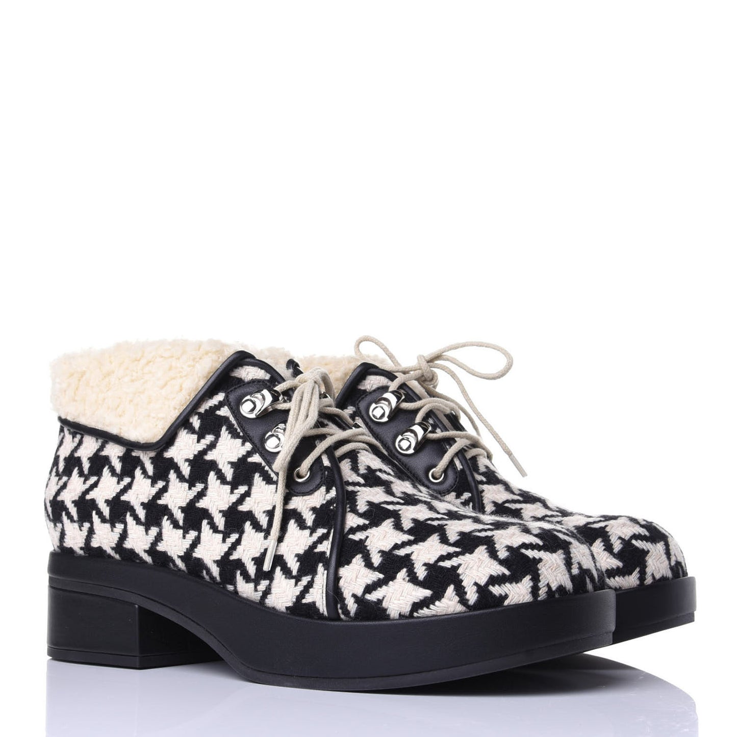 Optical Tweed Faux Shearling Houndstooth Victor Lace Up Ankle Boots 38.5 White Black