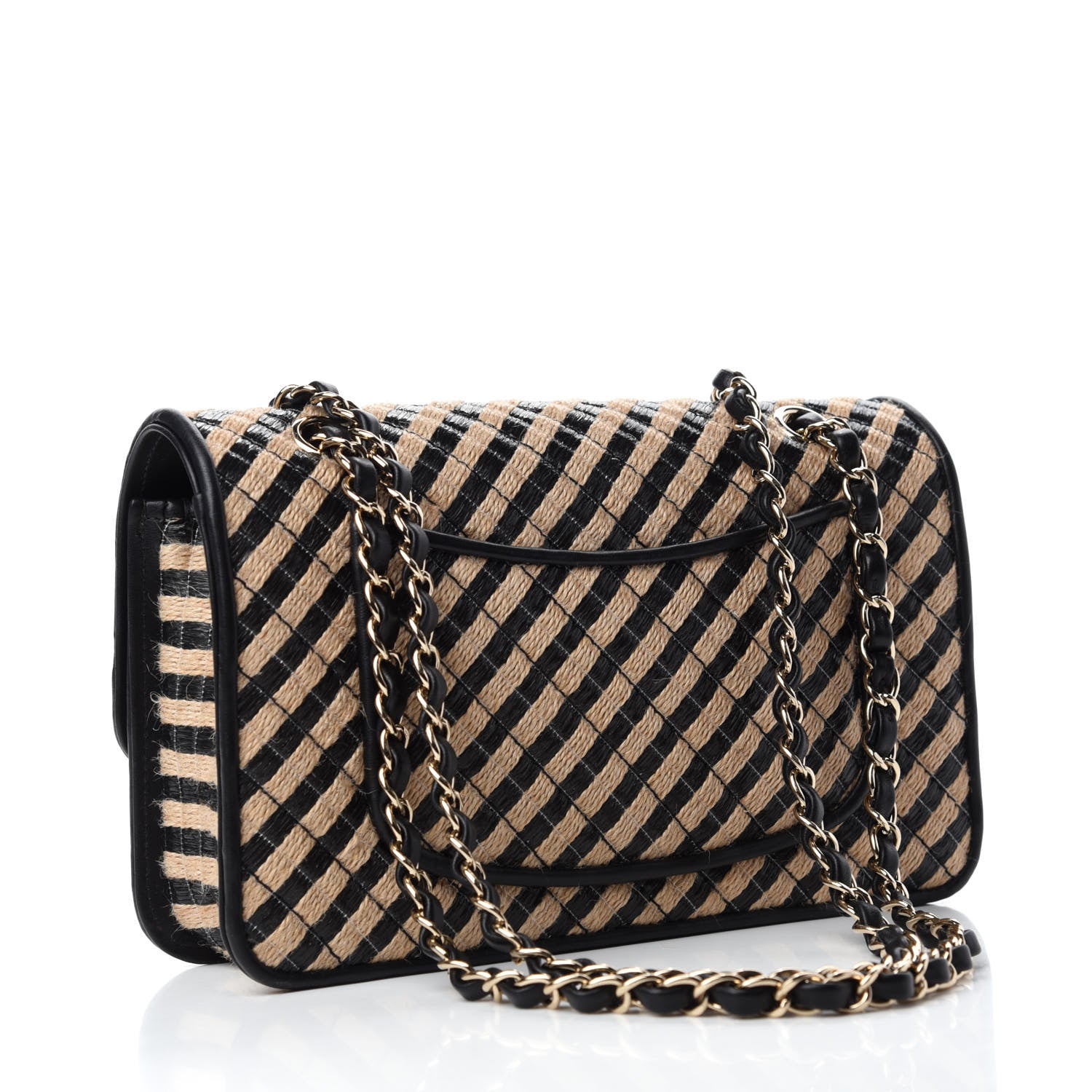 Chanel Raffia Jute Striped Medium Single Flap Black Beige 3 of 10