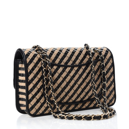Chanel Raffia Jute Striped Medium Single Flap Black Beige 3 of 10