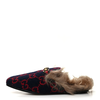 Gucci Covered Wool Big GG Monogram Fur Womens Princetown Slippers 37 Blue Red Butterscotch 1 of 7