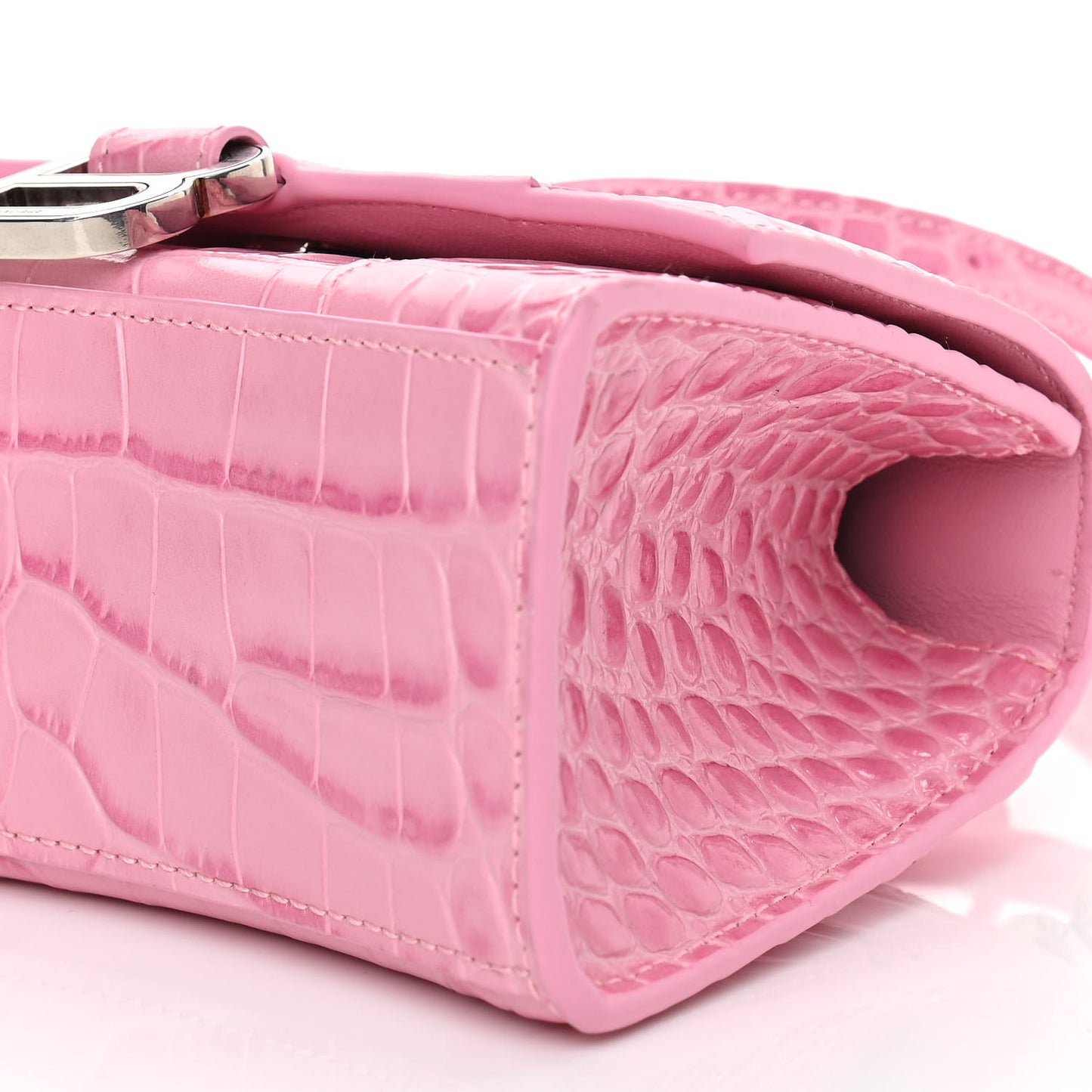 Shiny Calfskin Crocodile Embossed Hourglass Top Handle Bag XS Pink