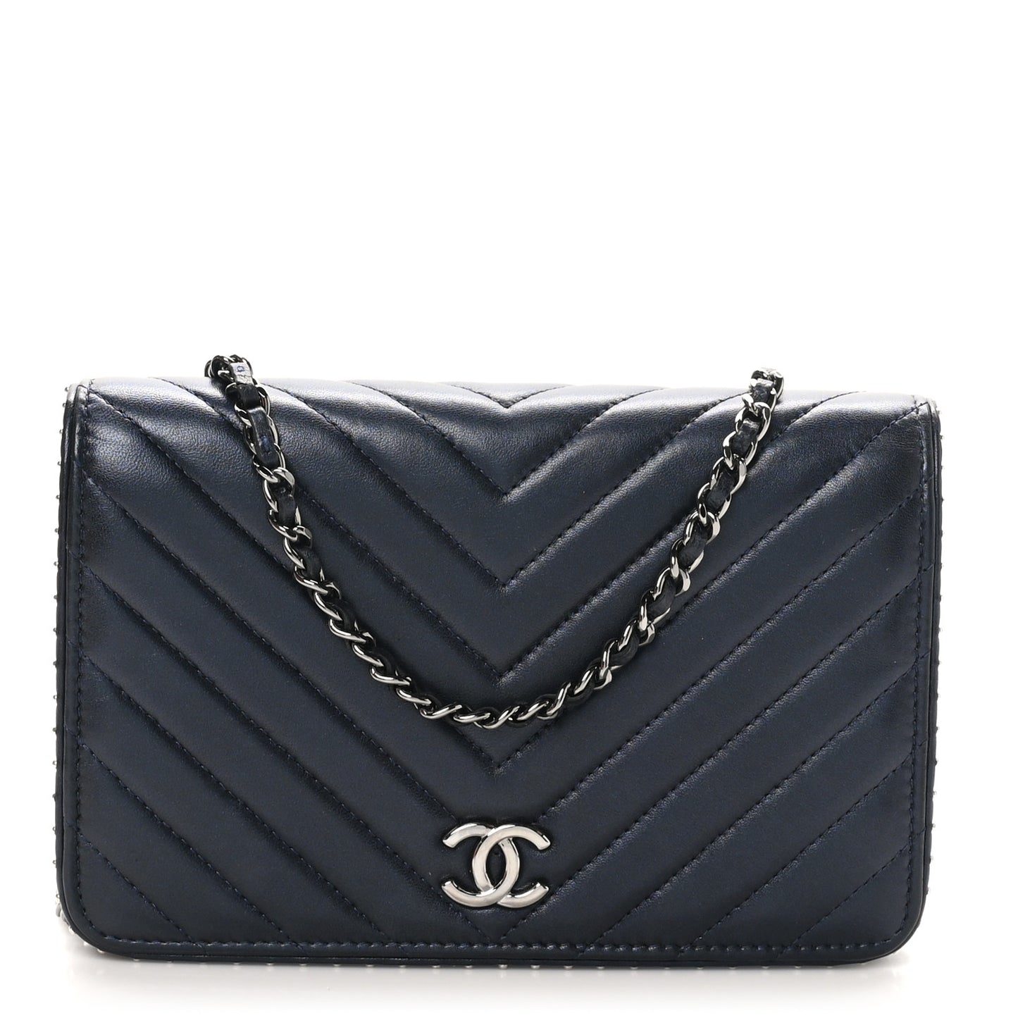 Lambskin Chevron Quilted Studded Wallet On Chain WOC Navy
