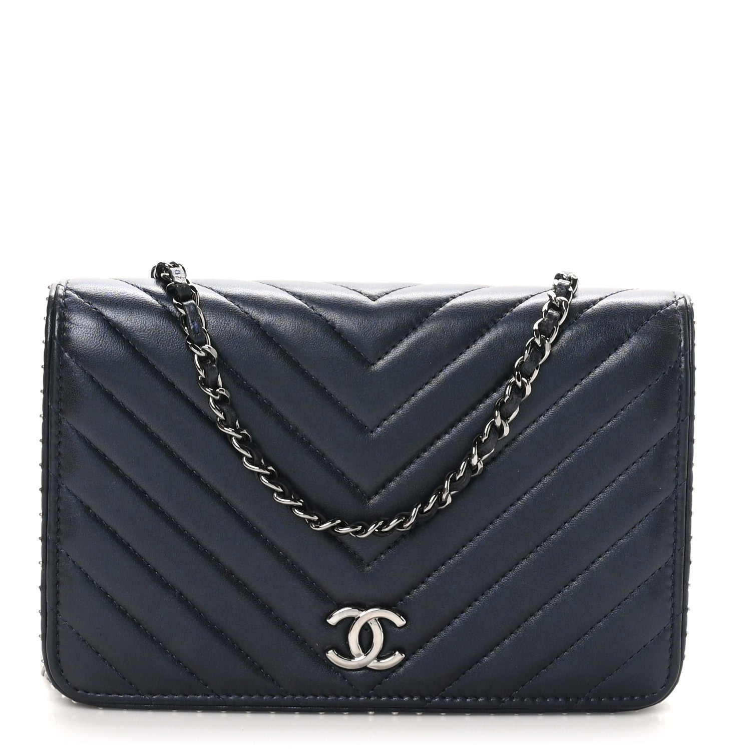 Chanel Lambskin Chevron Quilted Studded Wallet On Chain WOC Navy 1 of 13
