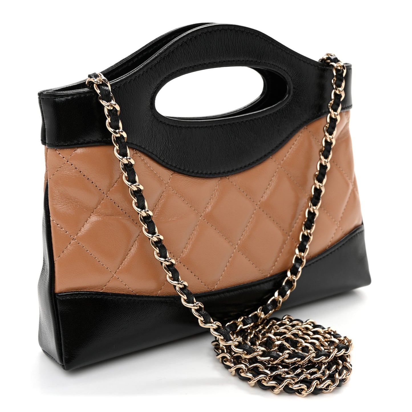 Shiny Crumpled Calfskin Quilted Nano 31 Shopping Bag Dark Beige Black Dark Beige Black