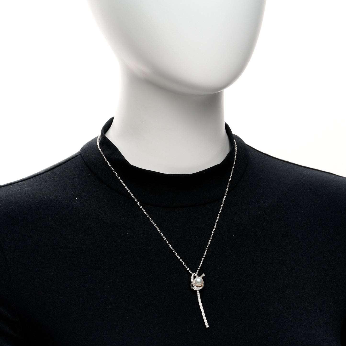 18K White Gold Diamond Akoya Cultured Pearl 8mm Ribbon Drop Pendant Necklace