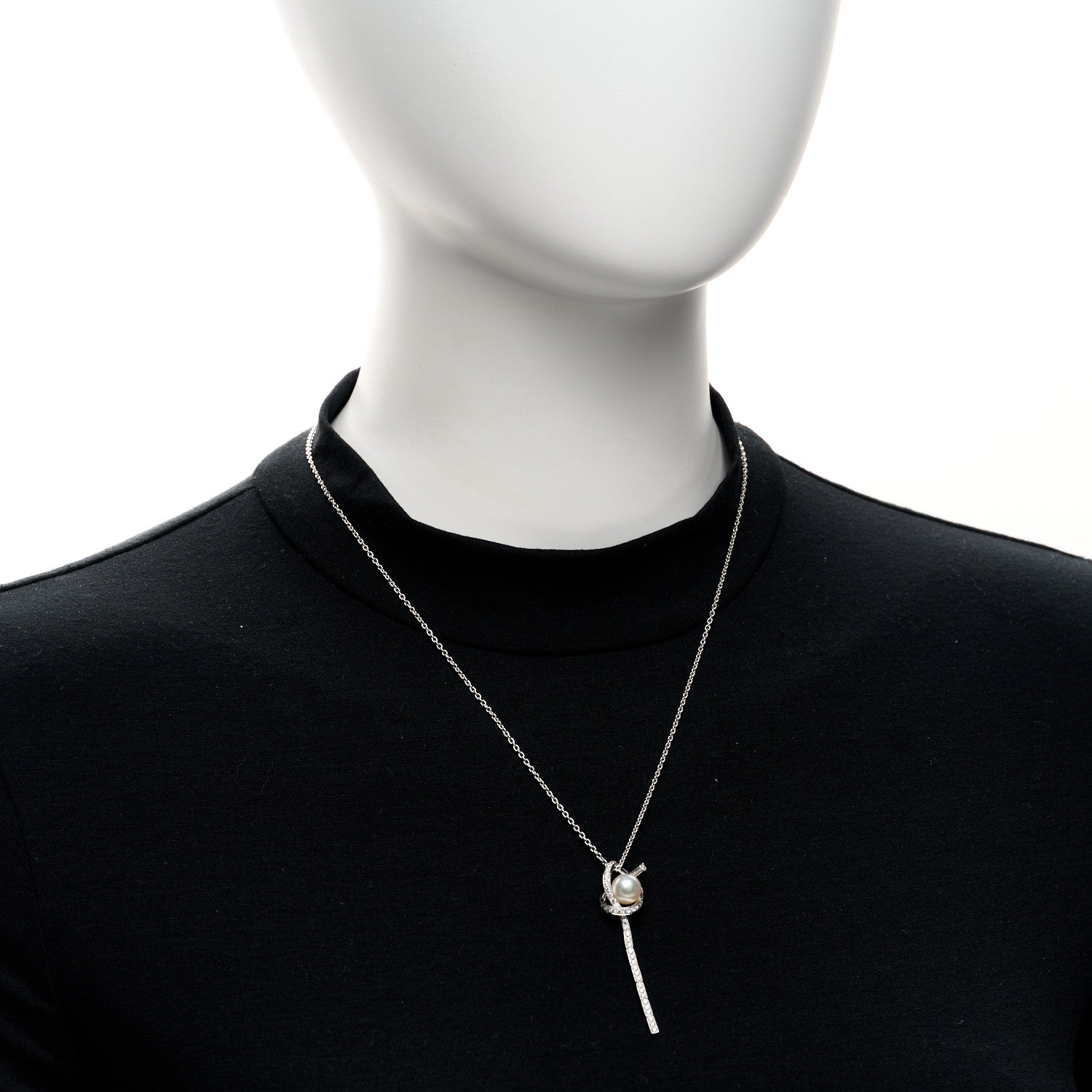 Mikimoto 18K White Gold Diamond Akoya Cultured Pearl 8mm Ribbon Drop Pendant Necklace 2 of 5