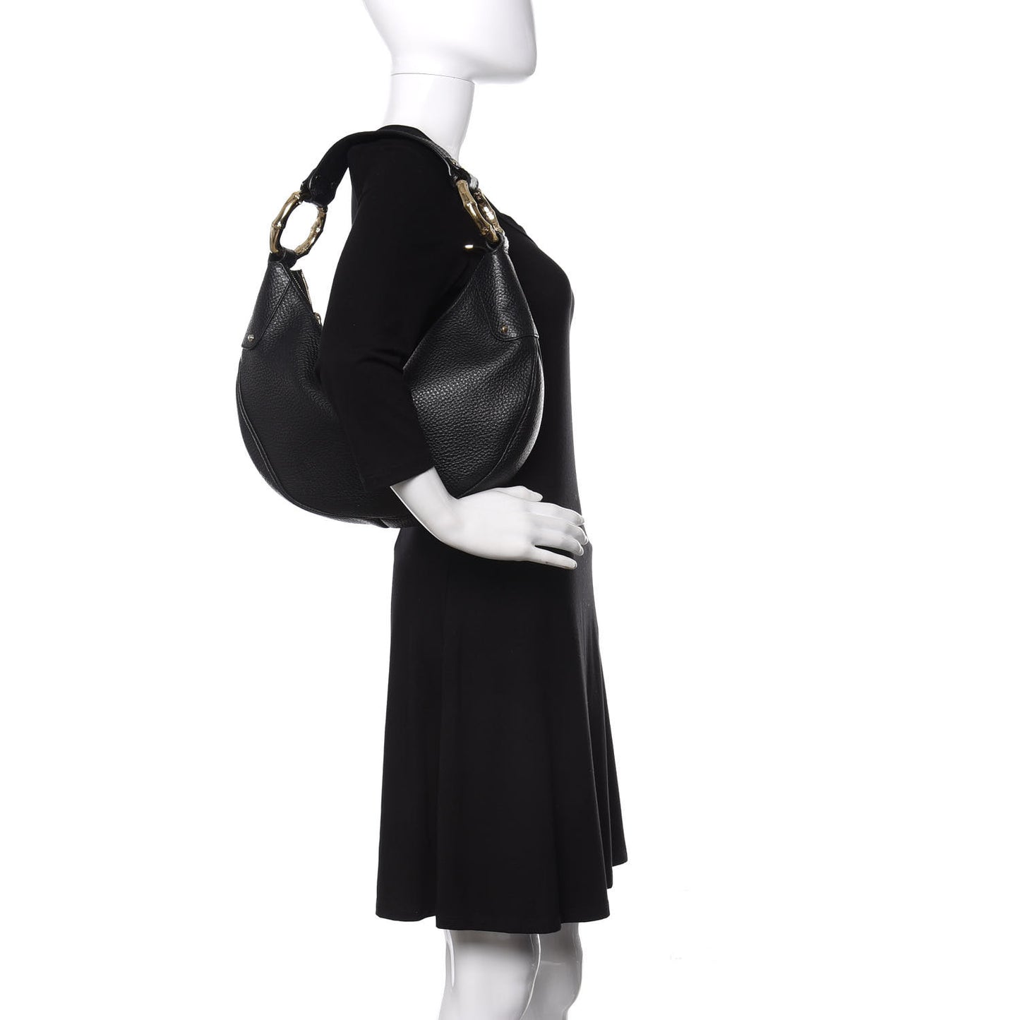 Calfskin Half Moon Bamboo Ring Hobo Black