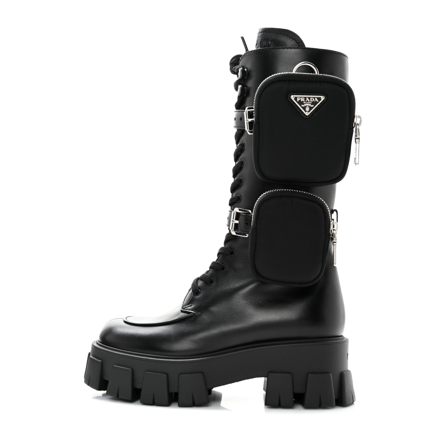 Vitello Lux Nylon Metal Triangle Logo Monolith Pouch Pocket 55mm Tall Combat Boots 36.5 Black