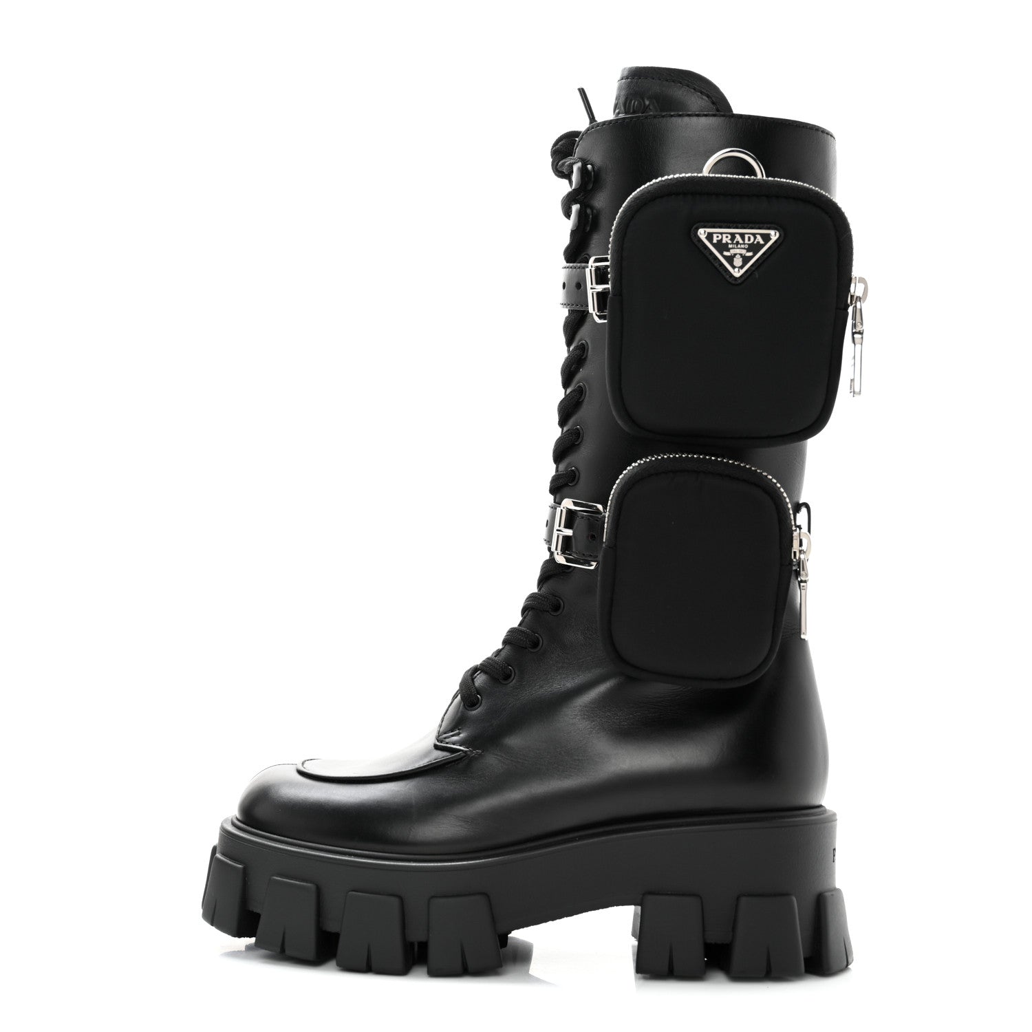 Prada Vitello Lux Nylon Metal Triangle Logo Monolith Pouch Pocket 55mm Tall Combat Boots 36.5 Black 1 of 10