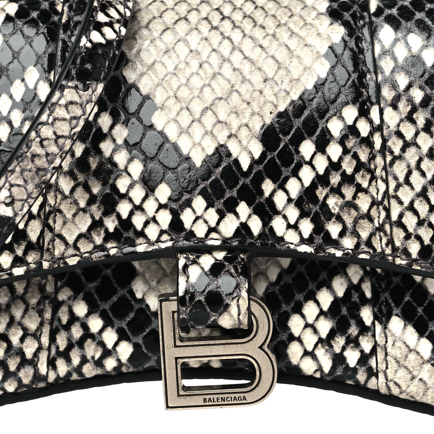 Balenciaga Shiny Calfskin Python Effect Hourglass Top Handle Bag Mini Black White 9 of 12