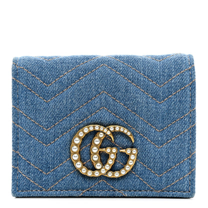 Gucci Denim Matelasse Pearly GG Marmont Card Case Wallet Blue 1 of 8