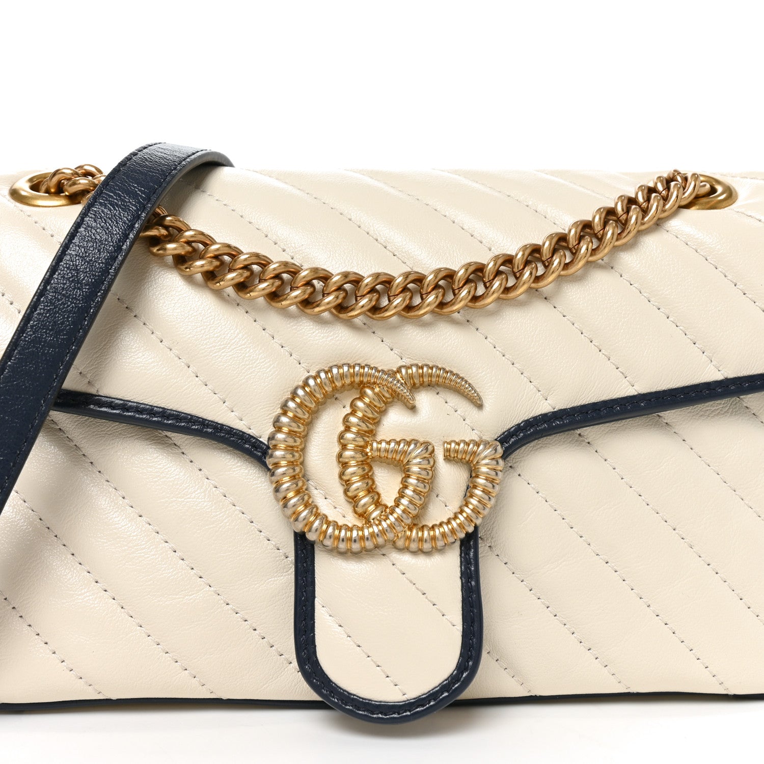Gucci Vintage Effect Calfskin Matelasse Diagonal Small Torchon GG Marmont Shoulder Bag Mystic White Blue Agata 7 of 9