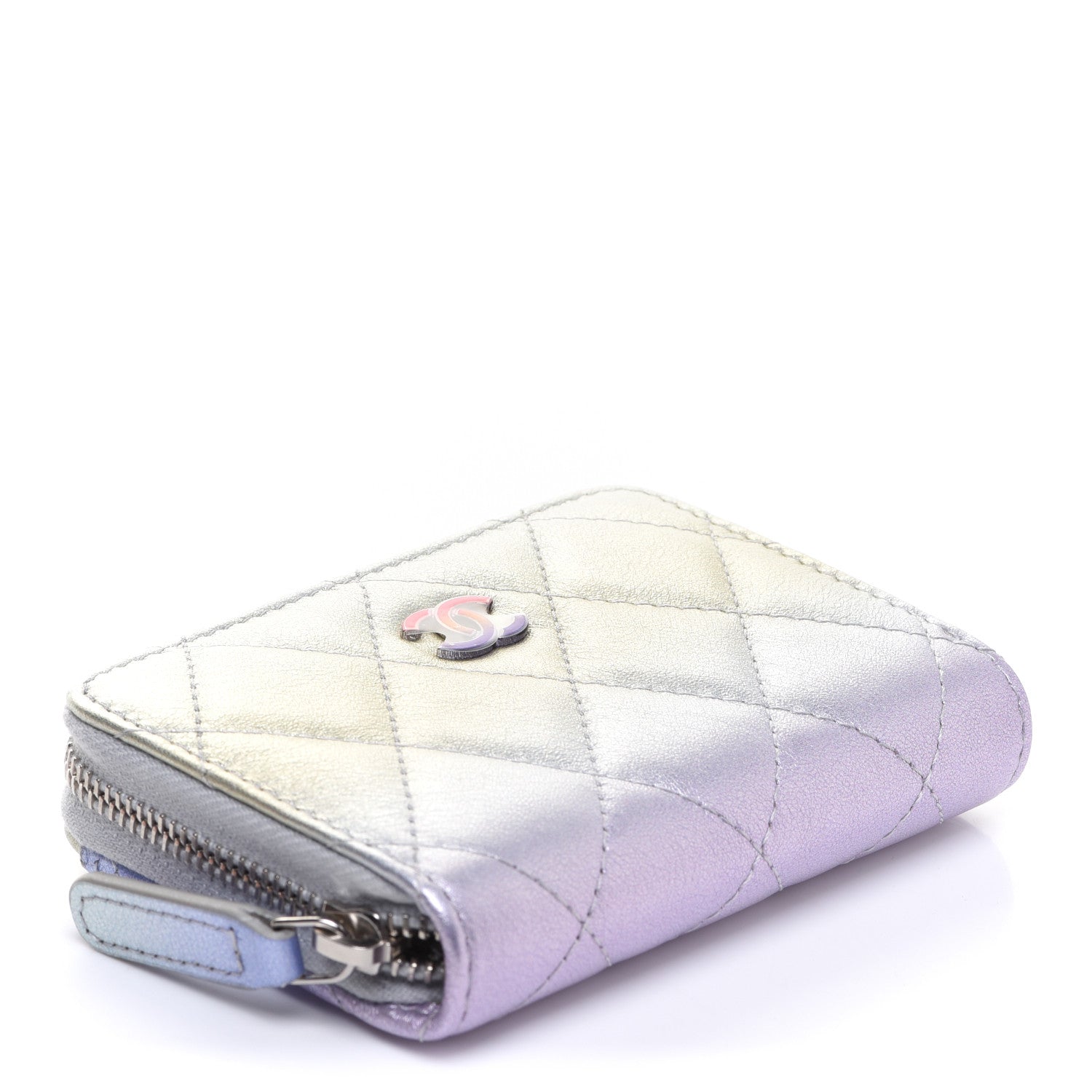 Chanel Gradient Metallic Calfskin Quilted Zip Around Coin Purse Wallet Silver Blue Yellow Purple 4 of 8