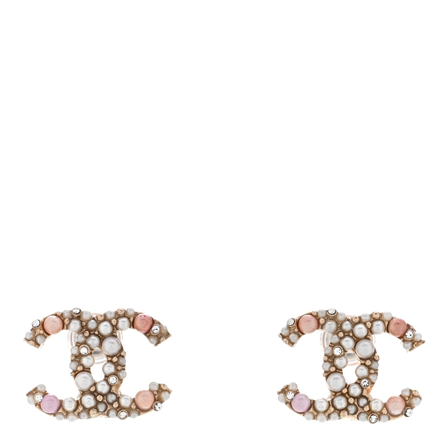 Chanel Pearl Crystal CC Charms Stud Earrings Light Gold Pink 1 of 5